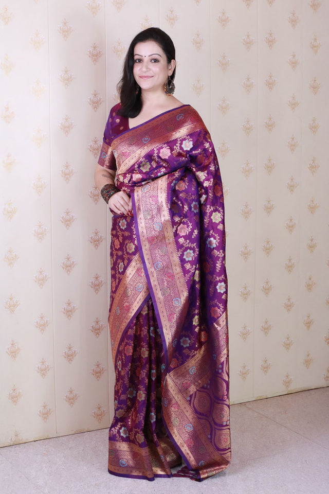 Wine Woven Banarasi Silk Saree (ACA6679)