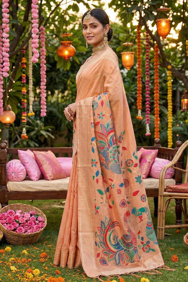 Peach Woven Cotton Blend Saree (ACA6682)