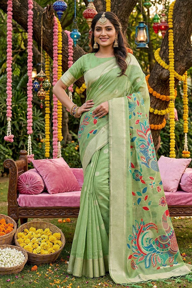 Green Woven Cotton Blend Saree (ACA6683)