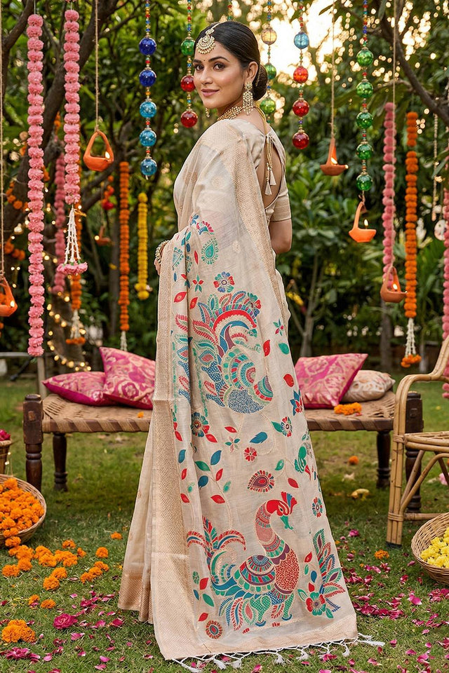 Cream Woven Cotton Blend Saree (ACA6684)