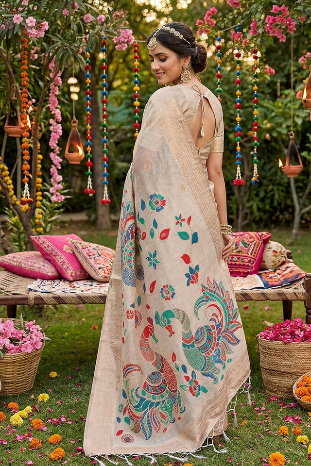 Cream Woven Cotton Blend Saree (ACA6684)