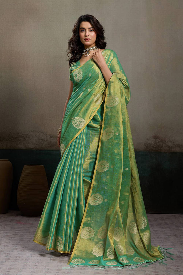 Green Woven Tissue Saree (ACA6690)