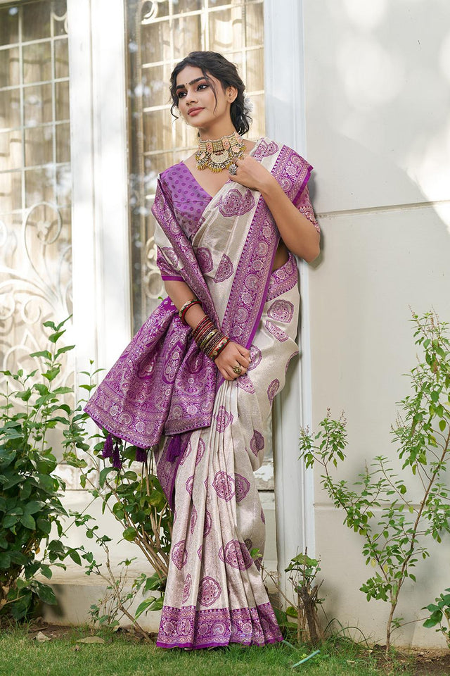 Violet Woven Silk Blend Saree (ACA6727)