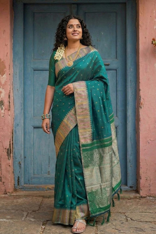Turquoise Woven Silk Blend Saree (ACA6732)