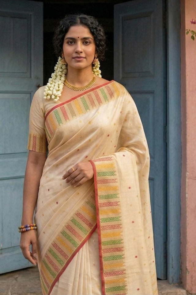 Cream Woven Silk Blend Saree (ACA6733)