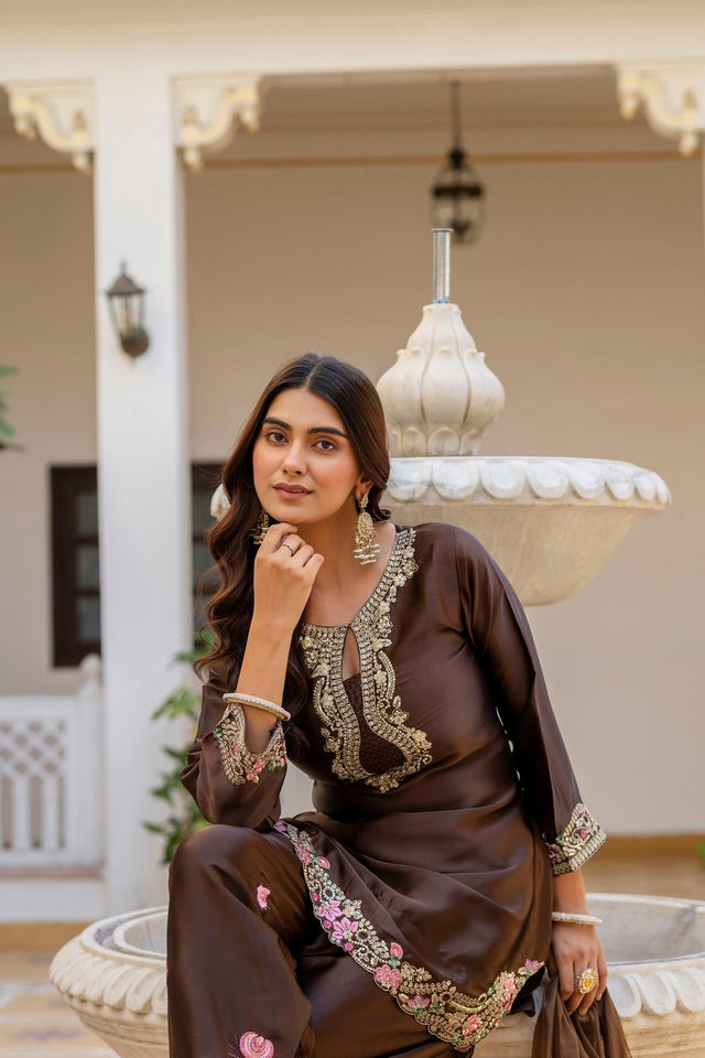 Brown Floral Embroidered Satin Punjabi Suit Set (ACA6735)
