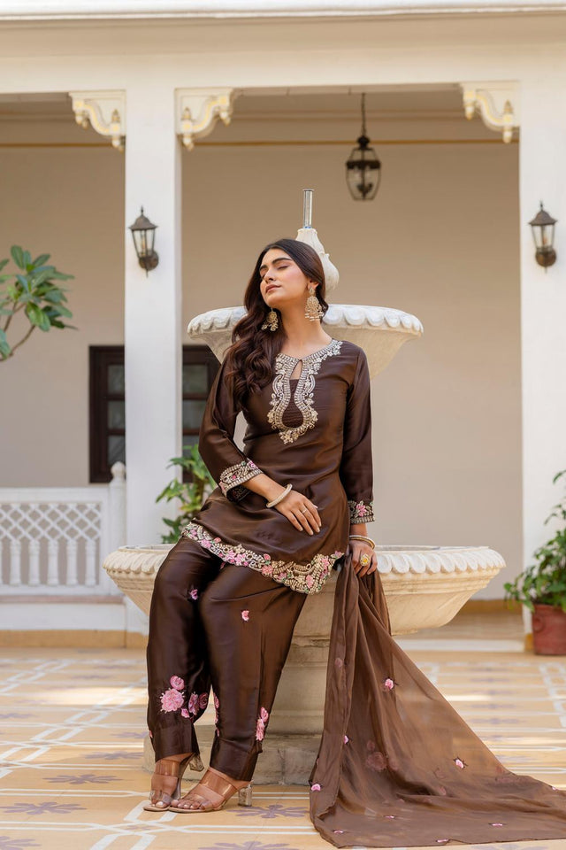 Brown Floral Embroidered Satin Punjabi Suit Set (ACA6735)