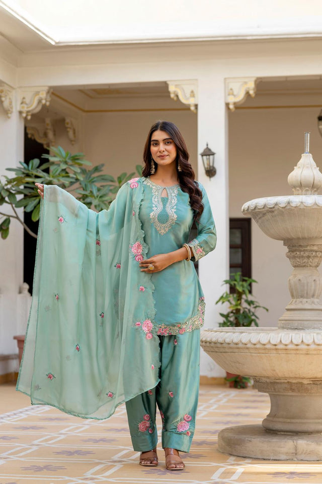 Sea Green Floral Embroidered Satin Punjabi Suit Set (ACA6736)