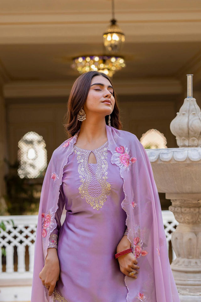 Violet Floral Embroidered Satin Punjabi Suit Set (ACA6737)