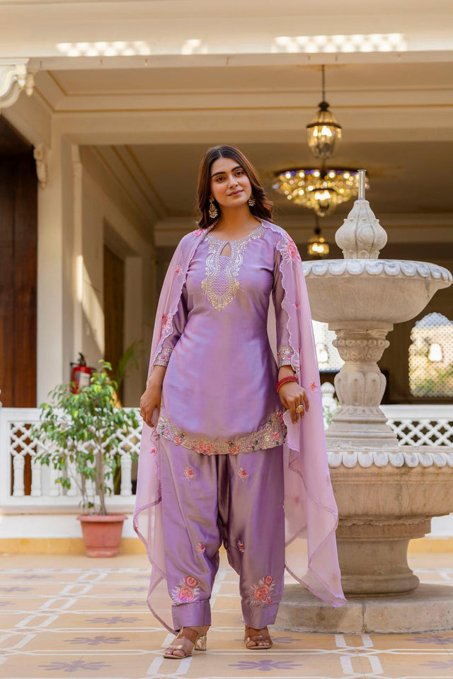 Violet Floral Embroidered Satin Punjabi Suit Set (ACA6737)