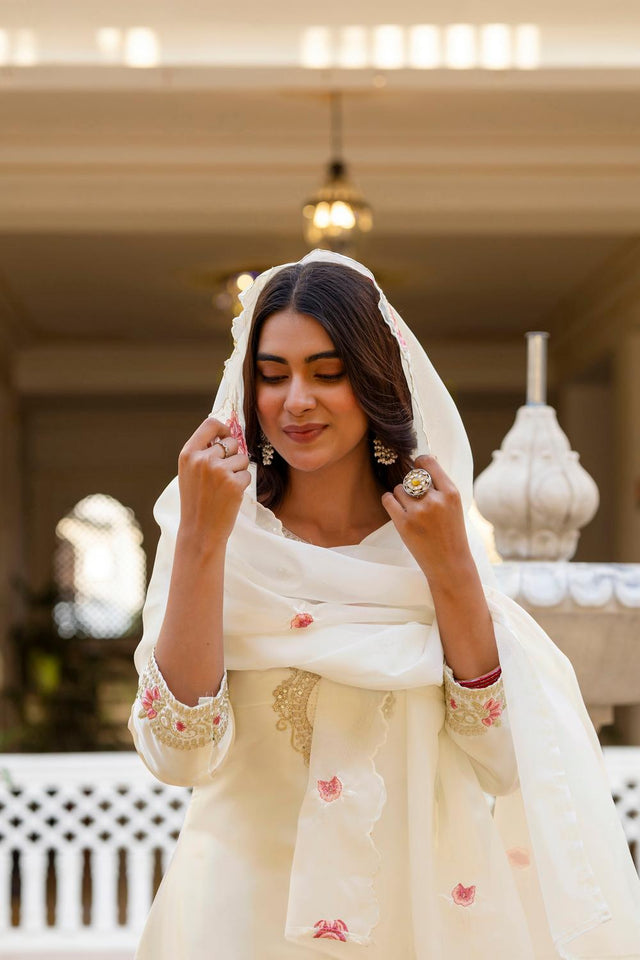 White Floral Embroidered Satin Punjabi Suit Set (ACA6738)