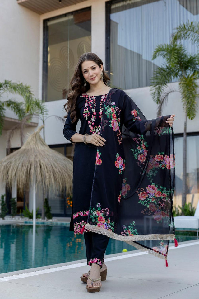 Blue Floral Embroidered Chinon Kurti Pant Set (ACA6739)