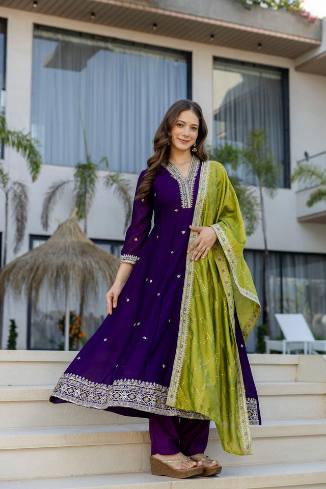 Violet Floral Embroidered Silk Kurti Pant Set (ACA6742)
