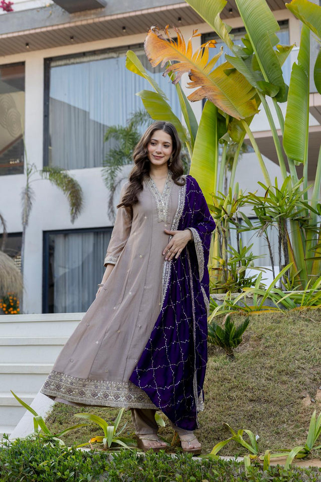 Grey Floral Embroidered Silk Kurti Pant Set (ACA6743)
