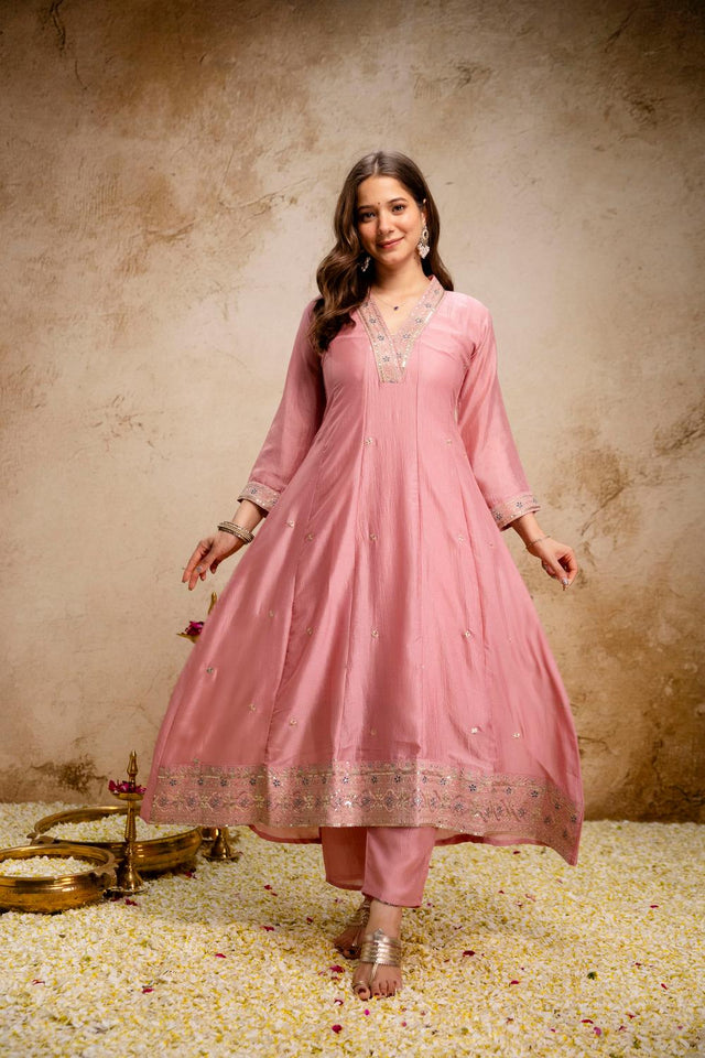 Pink Floral Embroidered Silk Kurti Pant Set (ACA6744)