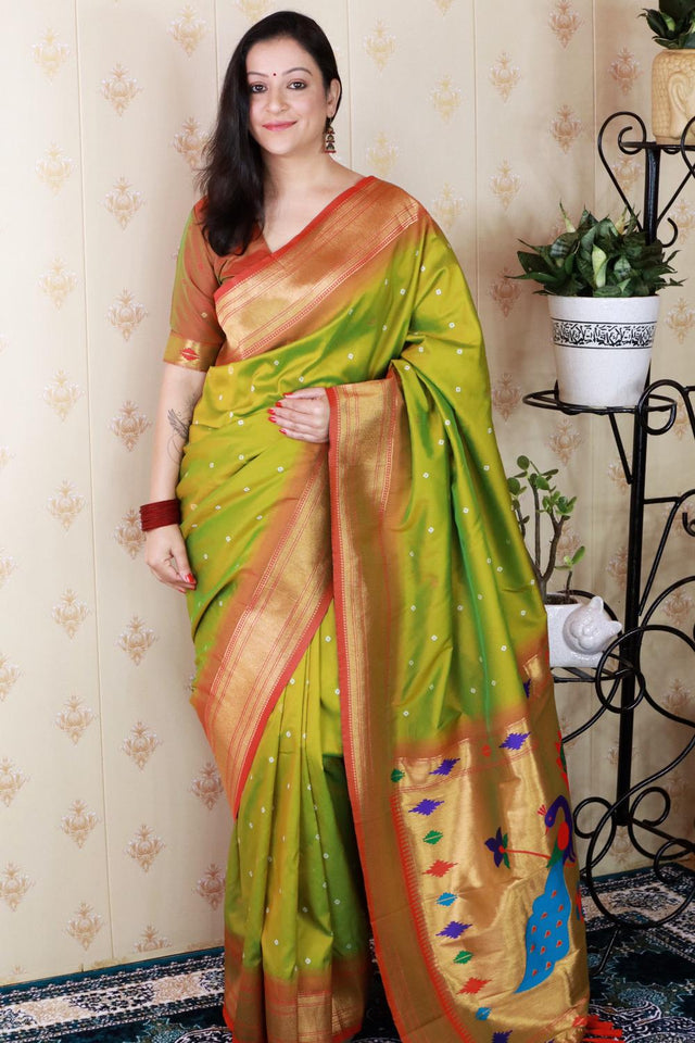Mehendi Woven Soft Silk Saree (ACA6748)
