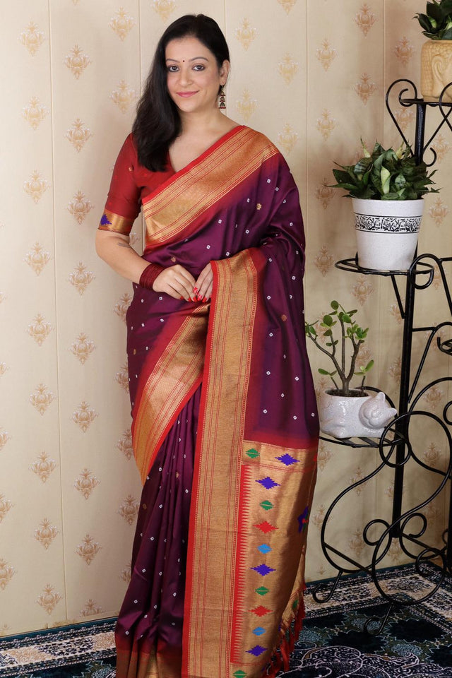 Wine Woven Soft Silk Saree (ACA6754)