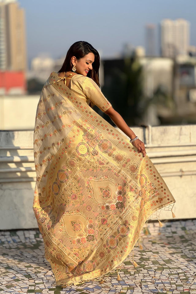 Cream Floral Woven Silk Saree (ACA6755)
