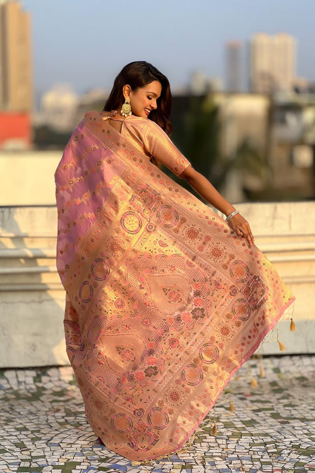 Pink Floral Woven Silk Saree (ACA6756)