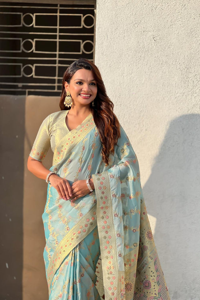 Blue Floral Woven Silk Saree (ACA6758)