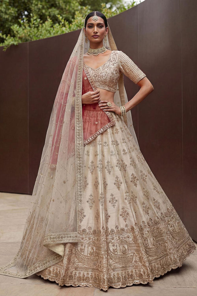 White Sequin with Floral Embroidered Silk Lehenga (ACA6763)