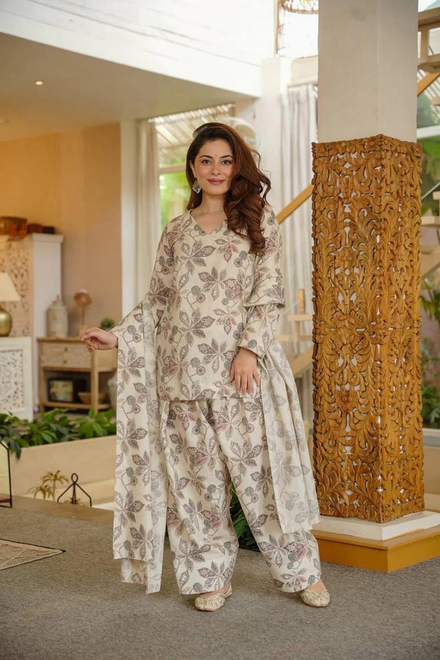 Cream Floral Printed Cotton Blend Kurti Pant Set (ACA6765)