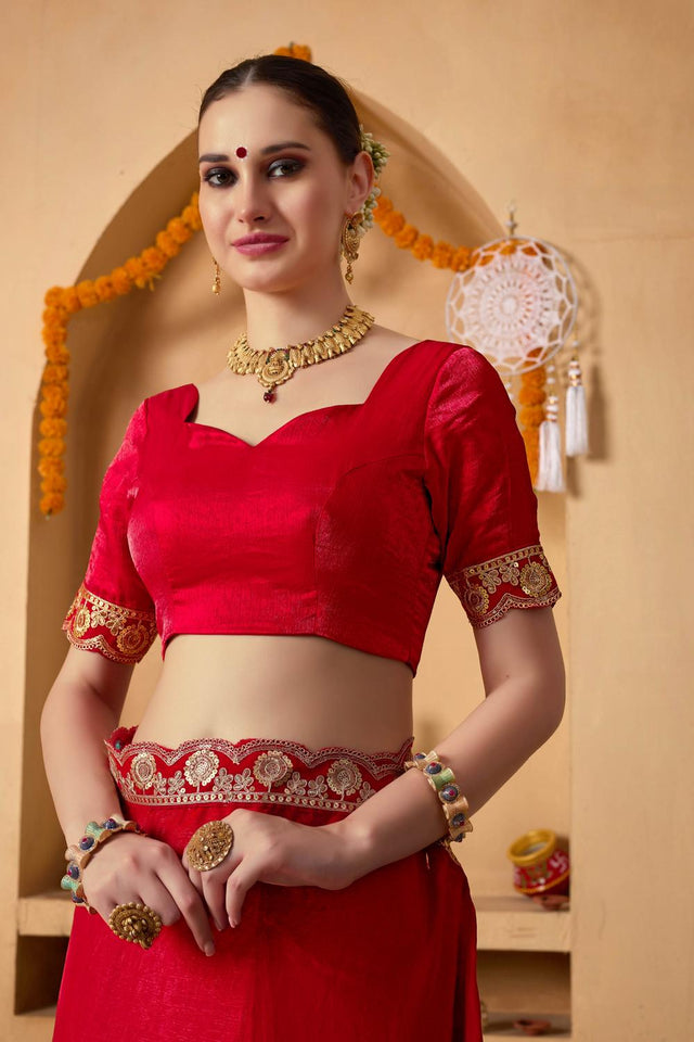 Red Embroidered Lace Work Tissue Ready to Wear Saree (ACA6767)