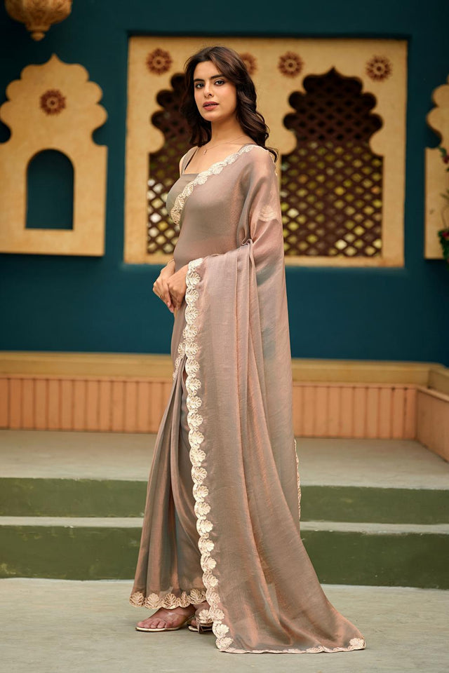 Pink Solid with Border Lace Work Chiffon Ready to Wear Saree (ACA6768)