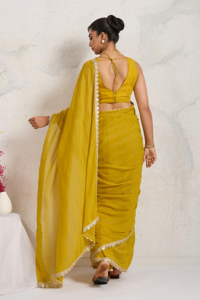 Yellow Solid with Border Lace Work Georgette Ready to Wear Saree (ACA6769)