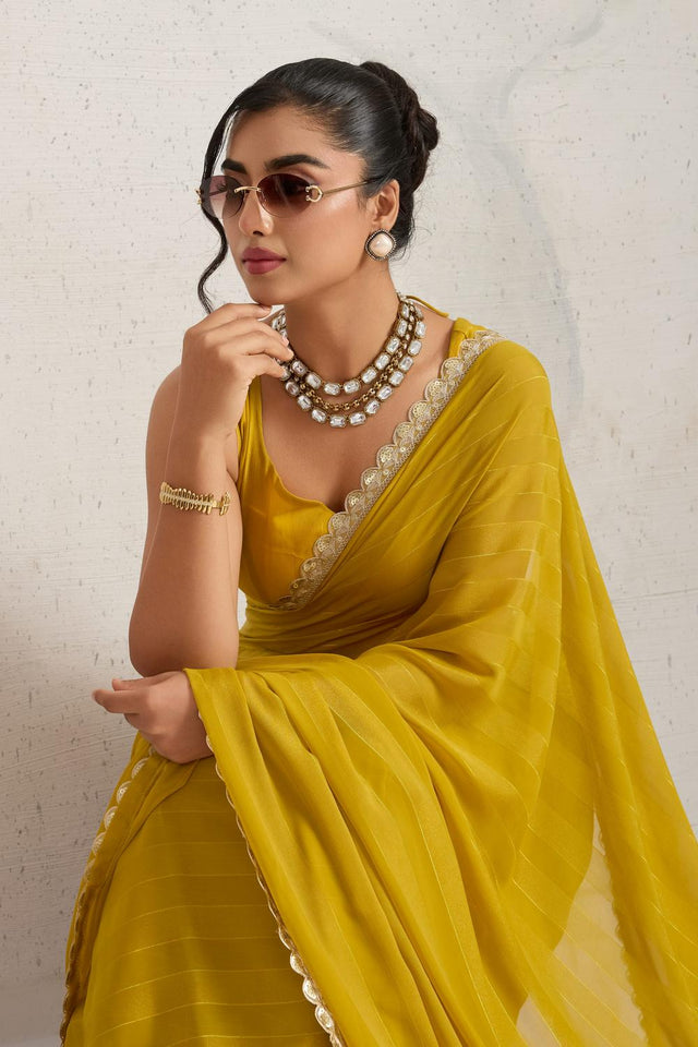 Yellow Solid with Border Lace Work Georgette Ready to Wear Saree (ACA6769)