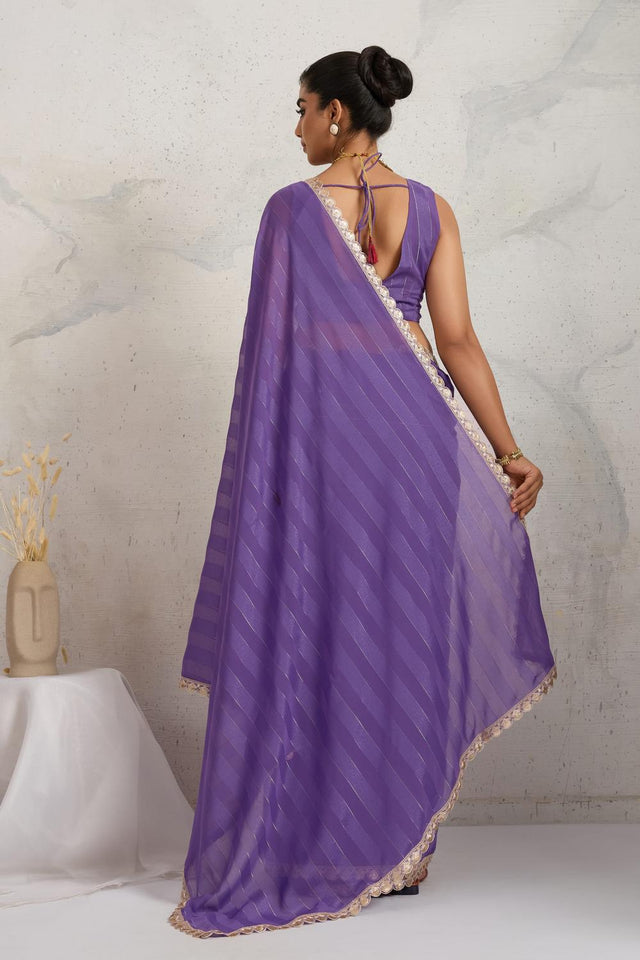 Violet Solid with Border Lace Work Georgette Ready to Wear Saree (ACA6770)