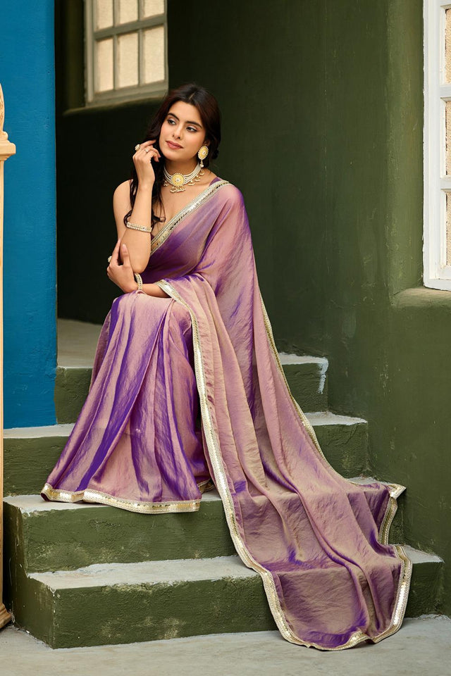 Violet Solid with Border Lace Work Georgette Ready to Wear Saree (ACA6774)