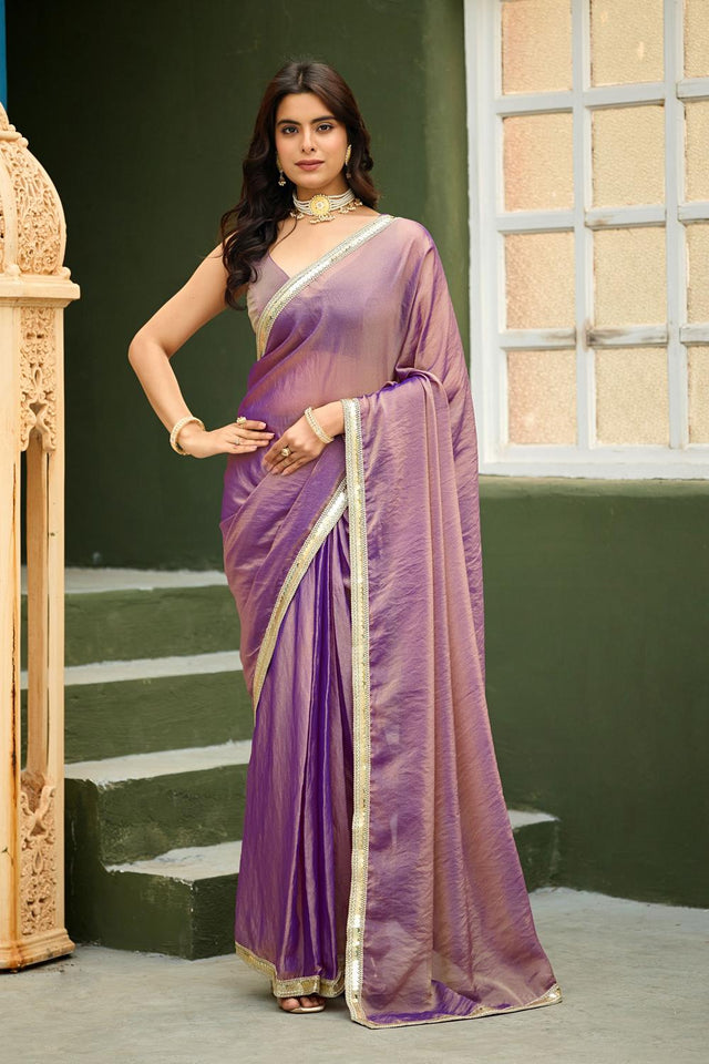 Violet Solid with Border Lace Work Georgette Ready to Wear Saree (ACA6774)