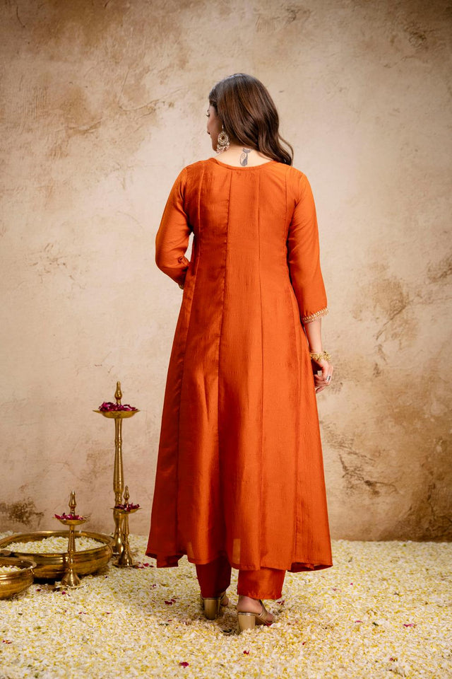 Orange Floral Embroidered Silk Anarkali Suits (ACA6776)