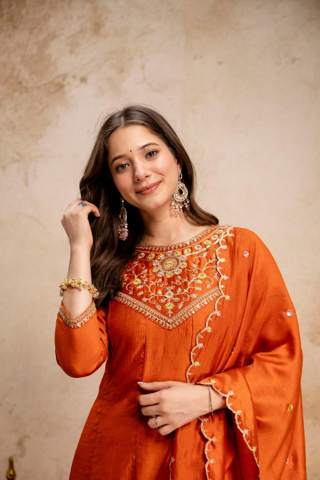 Orange Floral Embroidered Silk Anarkali Suits (ACA6776)