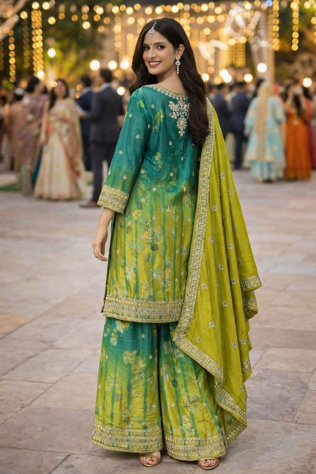 Olive Green Embroidered Chinon Palazzo Suit (ACA6800)