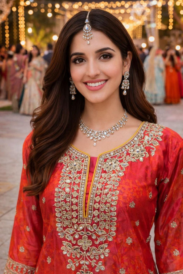 Orange Embroidered Chinon Palazzo Suit (ACA6801)