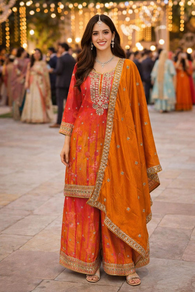 Orange Embroidered Chinon Palazzo Suit (ACA6801)