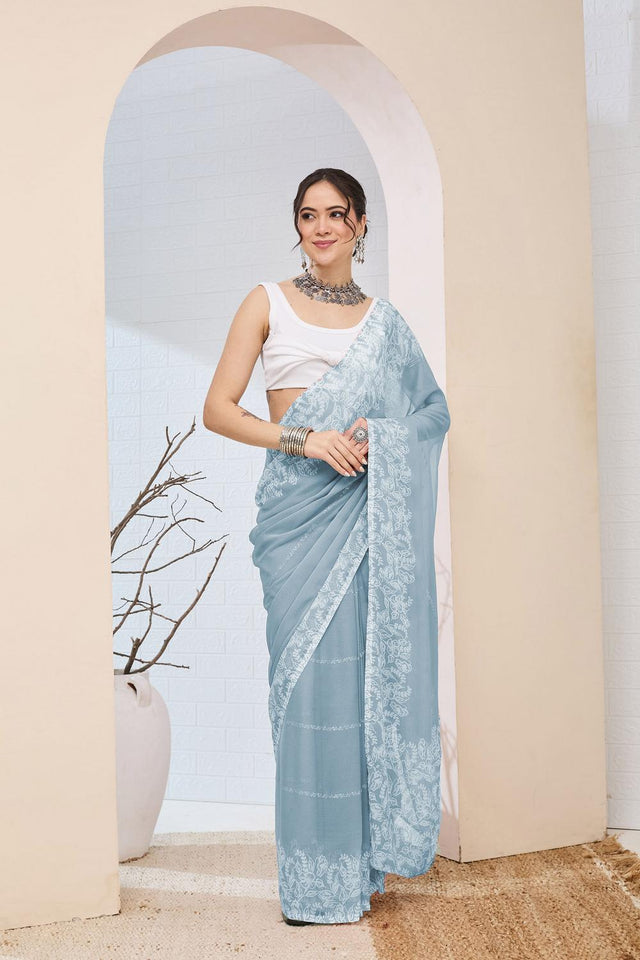 Blue Floral Printed Chiffon Ready to Wear Saree (ACA6816)