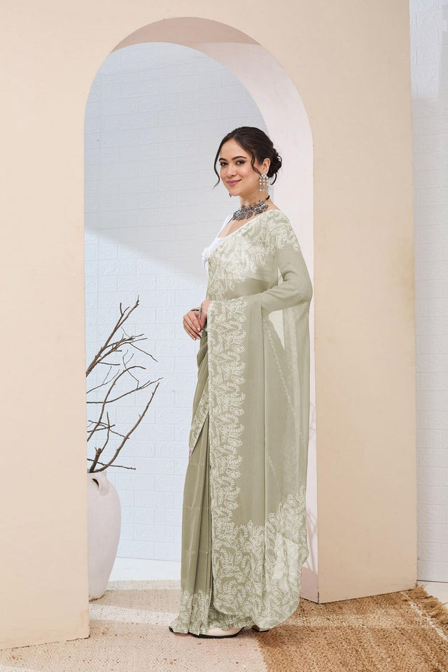Green Floral Printed Chiffon Ready to Wear Saree (ACA6817)