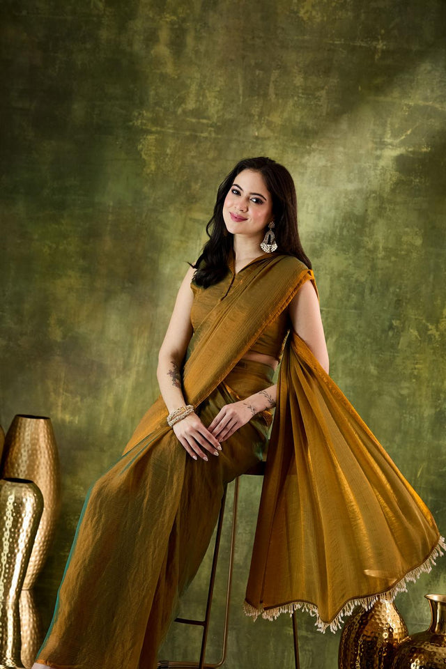 Gold Solid with Border Lace Work Silk Blend Ready to Wear Saree (ACA6819)