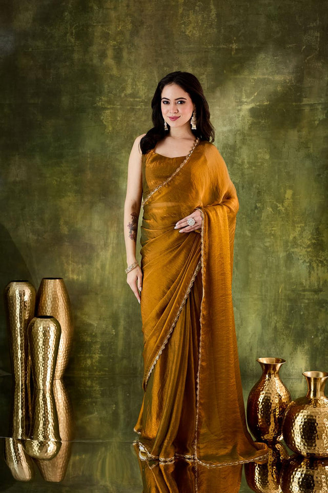 Gold Solid with Border Lace Work Silk Blend Ready to Wear Saree (ACA6821)