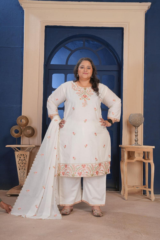 White Floral Embroidered Cotton Kurti Pant Set (ACA6823)