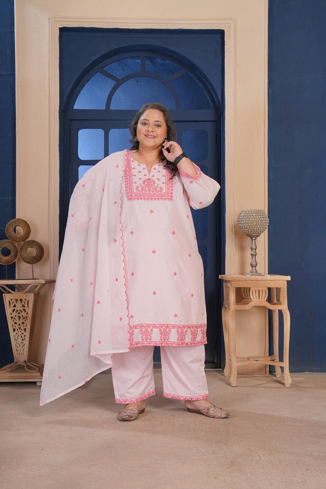 Pink Floral Embroidered Cotton Kurti Pant Set (ACA6824)