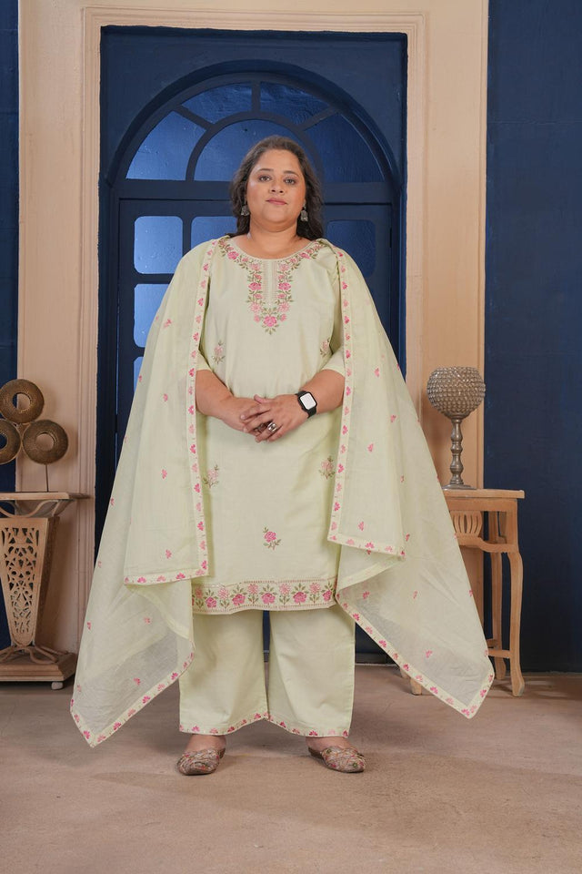 Green Floral Embroidered Cotton Kurti Pant Set (ACA6825)