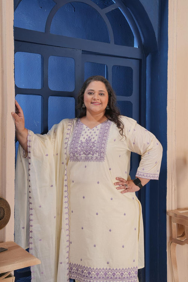 Cream Floral Embroidered Cotton Kurti Pant Set (ACA6827)