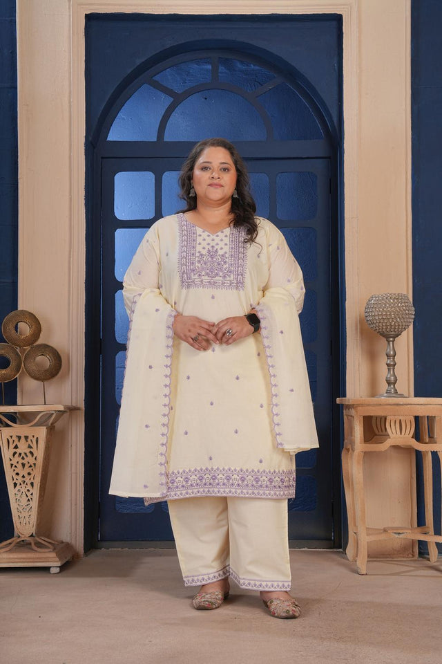 Cream Floral Embroidered Cotton Kurti Pant Set (ACA6827)