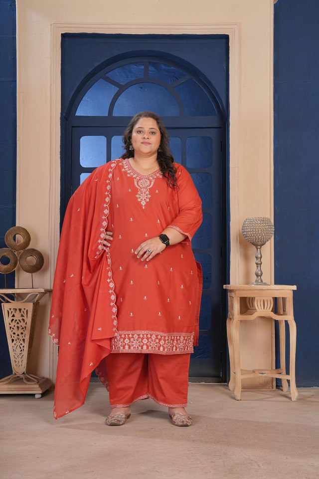 Rust Floral Embroidered Cotton Kurti Pant Set (ACA6828)