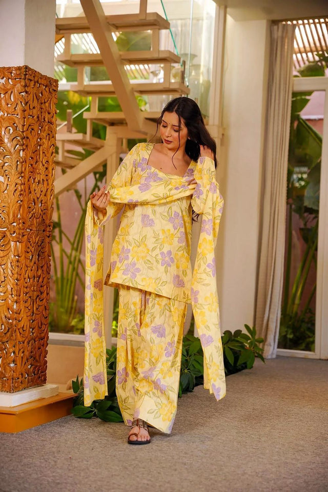 Yellow Floral Printed Cotton Palazzo Suits (ACA6829)