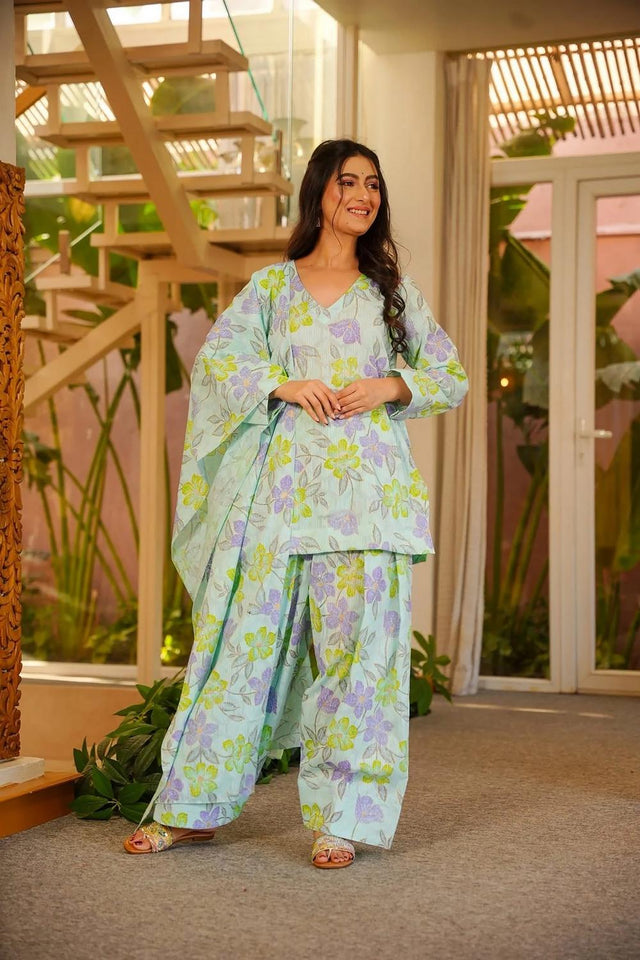 Green Floral Printed Cotton Palazzo Suits (ACA6830)